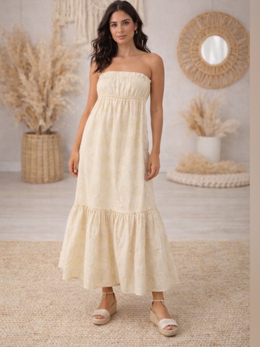 Free People Leanna Butter Yellow Ivory Strapless Tube Floral Maxi Tiered Dress